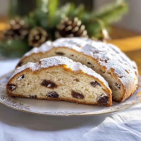 Na talerzu leży stollen z cukrem pudrem, widoczna poprzeczna przekrojona część, wszystko w świątecznej aranżacji.