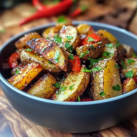 Miska z chrupiącymi ziemniaczanymi wedges z dodatkiem świeżych ziół i papryki.