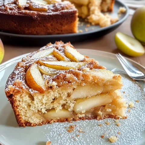Kawałek kremowego birnenkuchen z cienkimi kawałkami gruszek i cukrem pudrem, podany na talerzyku, obok innych gruszek.