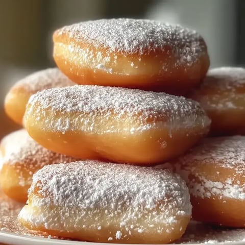 Stos pączków posypanych cukrem pudrem.