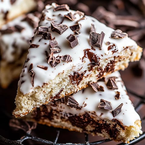 Kawałek ciasta z czekoladą i białą polewą.