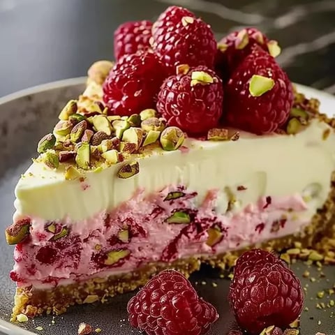 Na zdjęciu sernik z malinami i pistacjami na ciemnym tle.