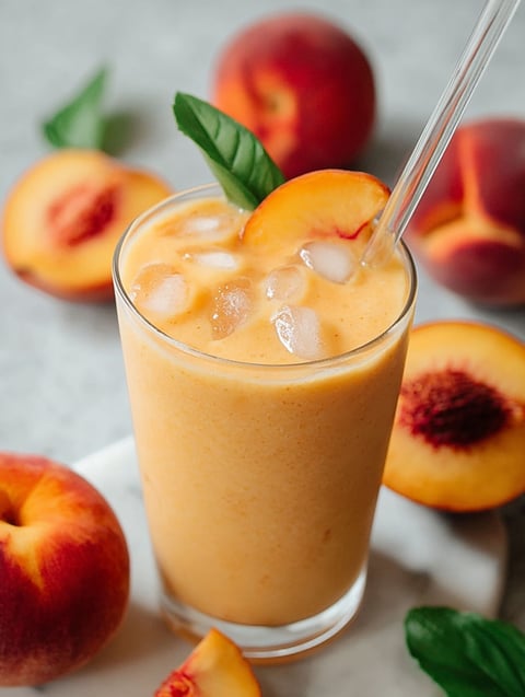Szklanka brzoskwiniowego smoothie z lodem i miętą