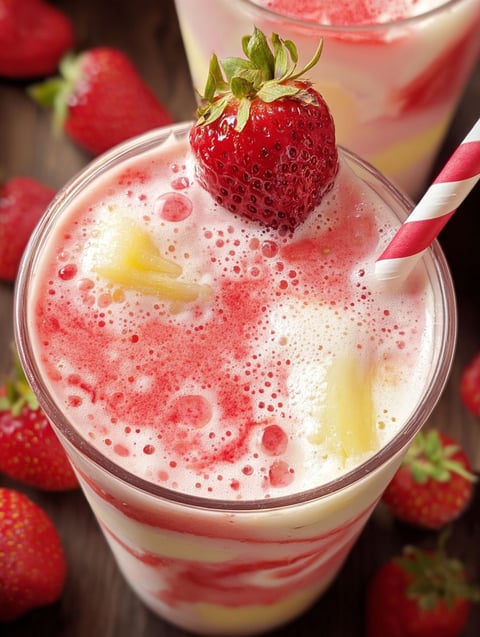Szklanka koktajlu truskawkowa colada z truskawką na wierzchu.