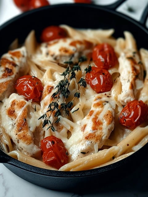 Danie z kurczakiem, mozzarellą i makaronem.