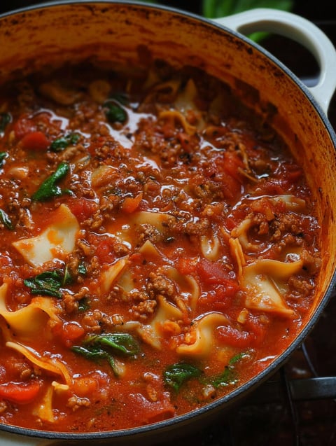 Zbliżenie garnka z zupą lasagna.