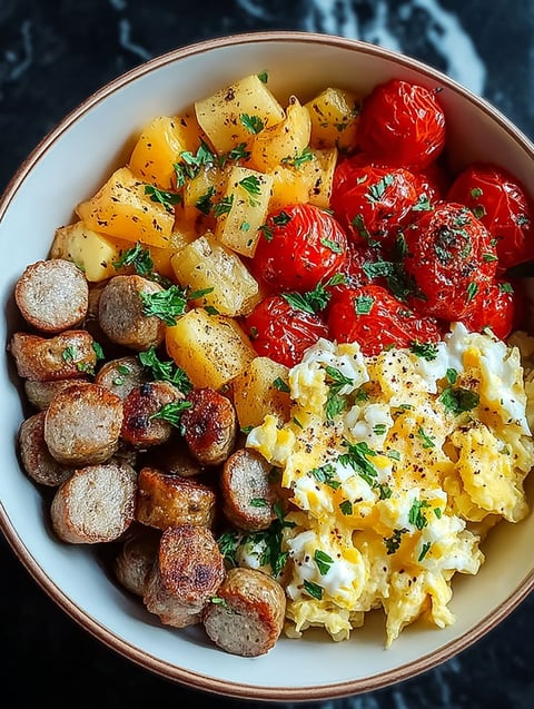 Miska z jedzeniem, kiełbasa, pomidory i ziemniaki