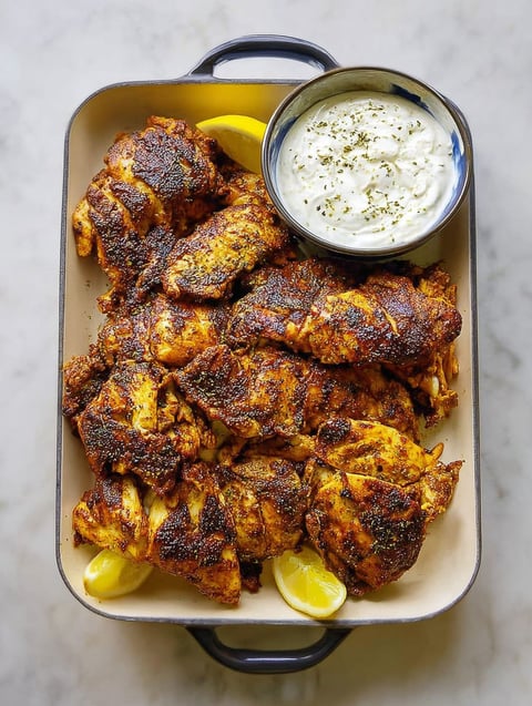 Talerz z kurczakiem shawarma i sosem czosnkowym.