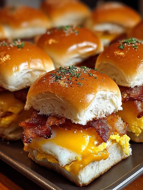 Małe kanapki z boczkiem, jajkiem i serem na śniadanie.