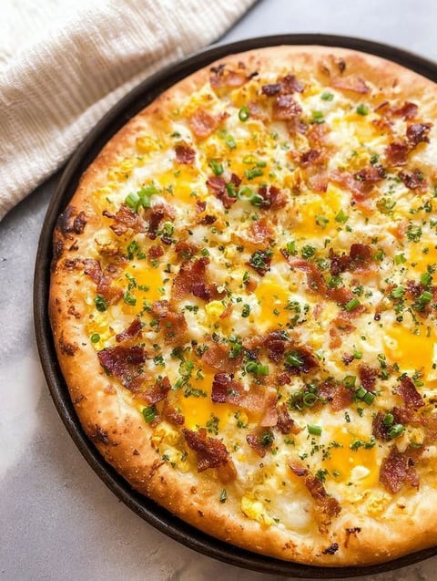Pizza śniadaniowa z boczkiem i serem.