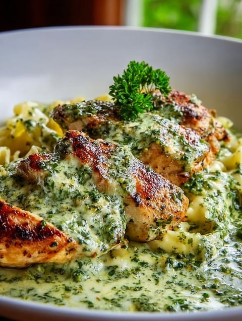 Porcja kremowego kurczaka z pesto z zieloną ozdobą