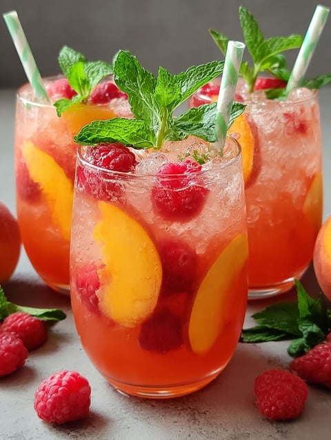 Szklanka malinowo-brzoskwiniowej lemoniady z zieloną słomką.