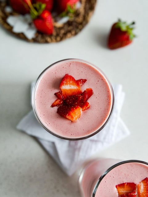 Szklanka z koktajlem bananowo-truskawkowym.