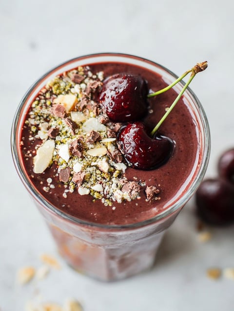 Szklanka koktajlu kakao z wiśniami i wisienką na wierzchu.