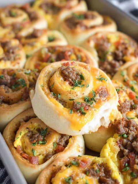 Blacha z bułkami na śniadanie z mięsem i serem