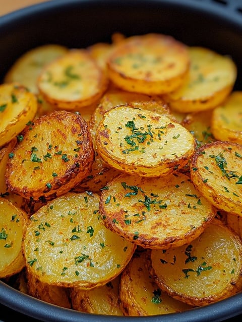 Chrupkie plasterki ziemniaków z frytkownicy.