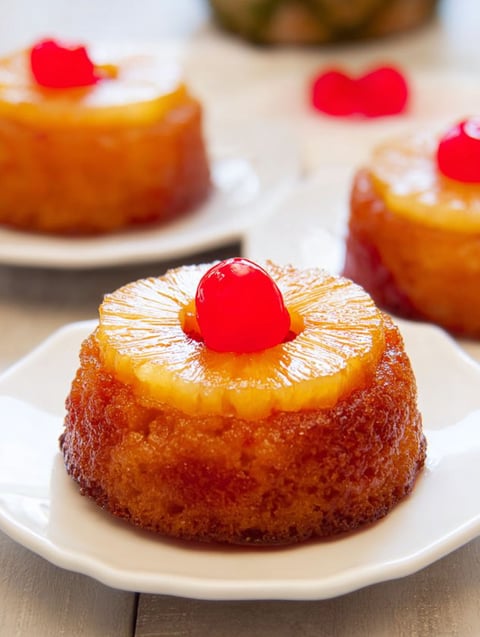 Trzy mini ciasta z odwróconym ananasem na talerzu.