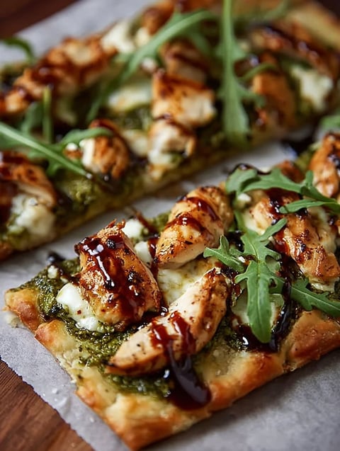 Pita z kurczakiem i pesto z serem oraz sosem.