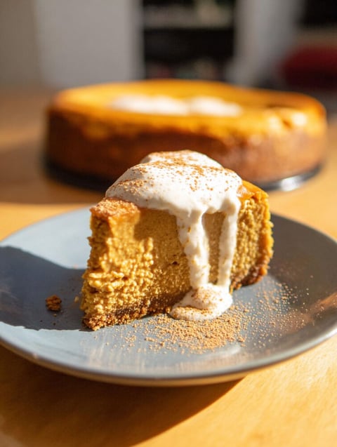 Kawałek sernika dyniowego z białym lukrem.