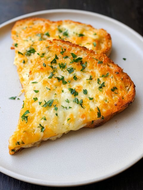 Dwa kawałki tostów z jajkiem i serem na białym talerzu.