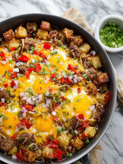 Syta szakszuka z jajkami, ziemniakami i papryką.