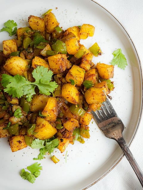 Talerz ze śniadaniowymi ziemniakami.