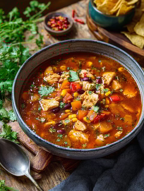 Miska zupy z kurczakiem i warzywami.