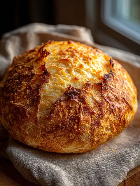 Bochenek chleba z ciemną, przypieczoną skórką.