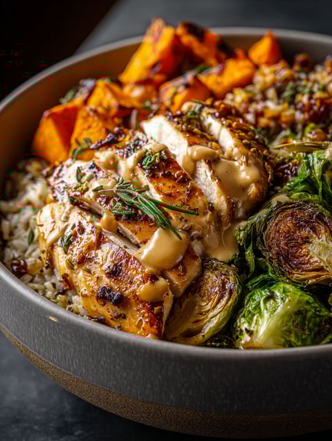 Talerz z kurczakiem i warzywami.