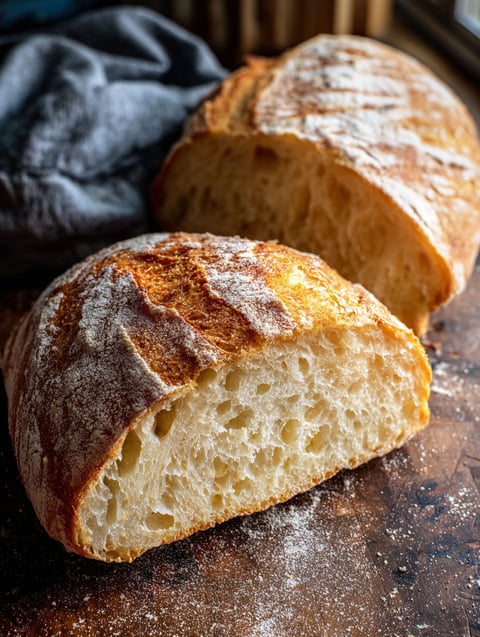 Dwa kawałki wiejskiego chleba francuskiego.