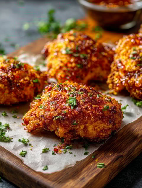 Pikantne miodowe udka na drewnianej desce.