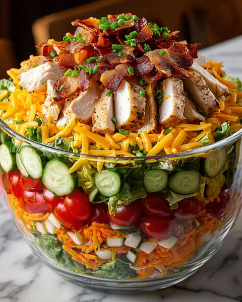 A large salad with bacon and cheese.