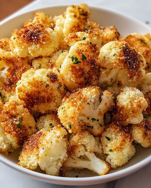 A bowl of cooked cauliflower with Parmesan cheese.