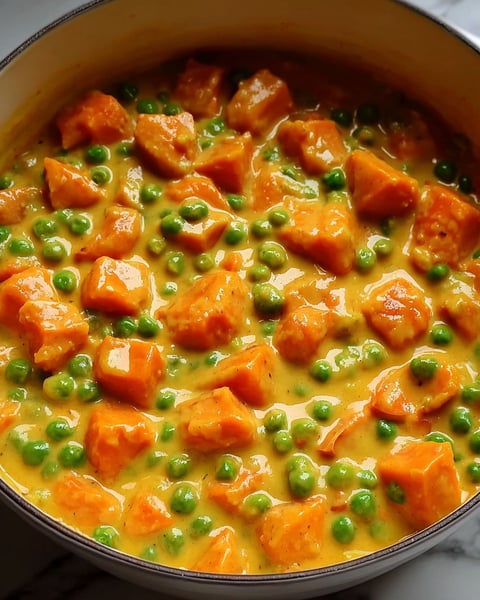 A bowl of soup with peas and carrots.