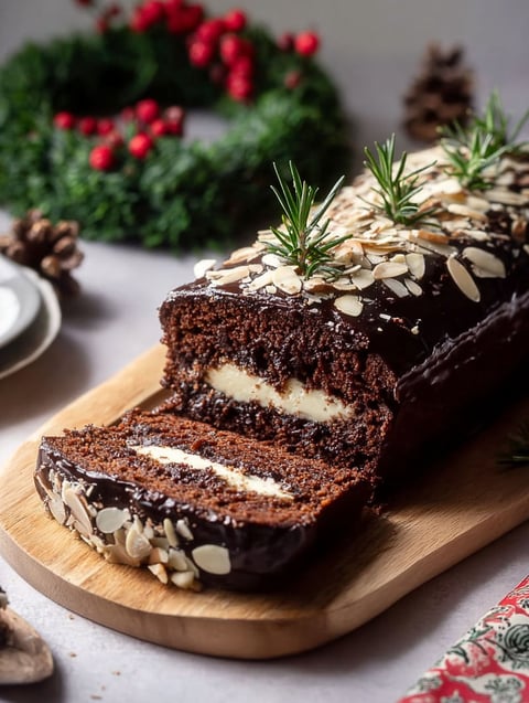 A slice of chocolate cake with almonds on top.