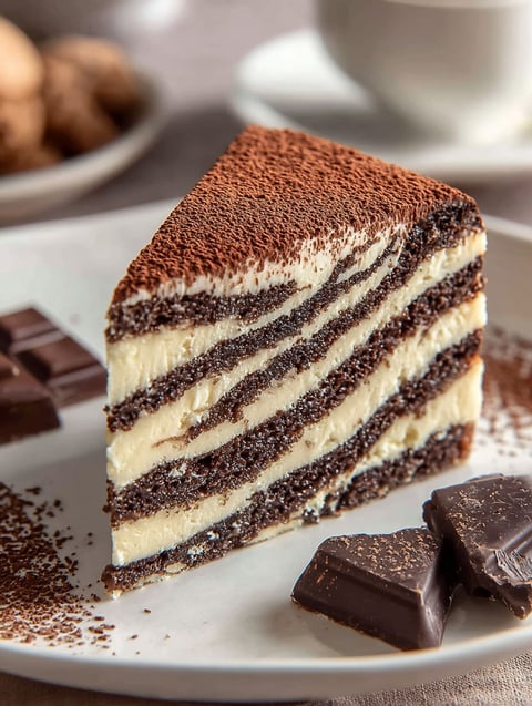 A slice of cake with chocolate and white frosting.