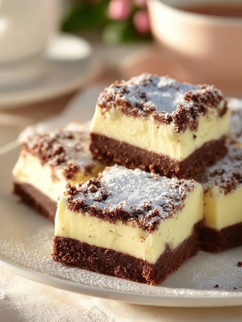 A plate of brownies with white powder on top.