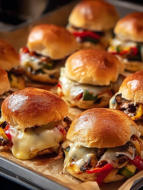 A tray of mini burgers with cheese and vegetables.