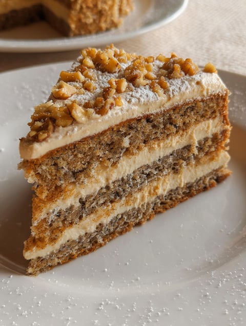 A slice of cake with nuts on top.