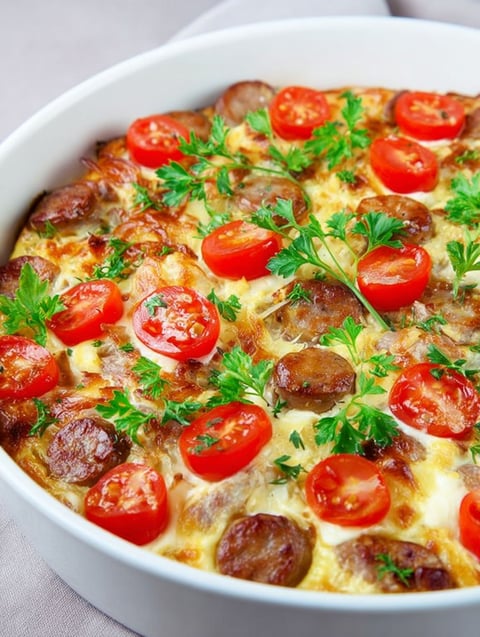 A dish of sausage and tomatoes.