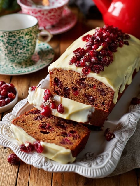 A slice of cake with white frosting and red berries.