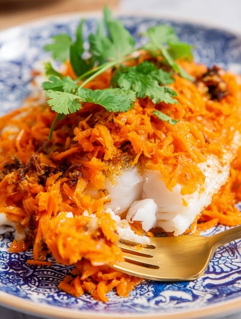 A plate of food with a fork on it.