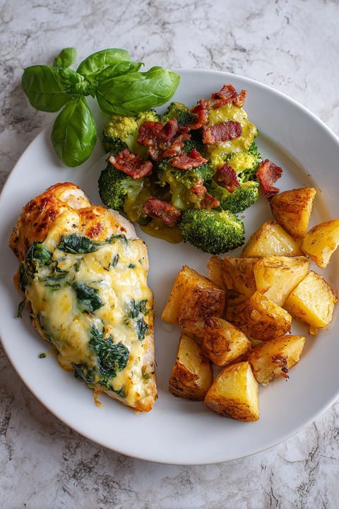 A plate of food with chicken, broccoli, and potatoes.