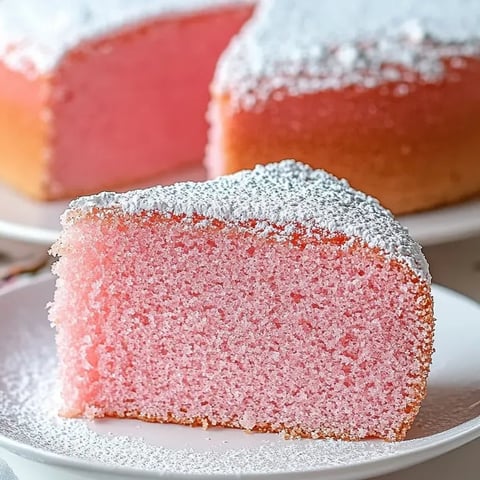 A slice of pink cake with white powdered sugar on a plate.