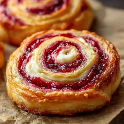 Two pieces of French pastry with red jelly.
