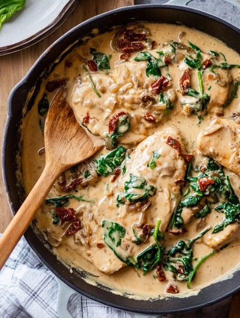 A pan of food with a wooden spoon in it.