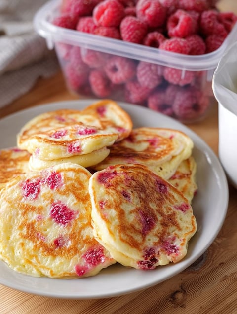 A plate of pancakes with raspberries on top.