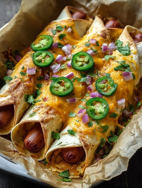 A hot dog wrapped in a tortilla with jalapenos on top.