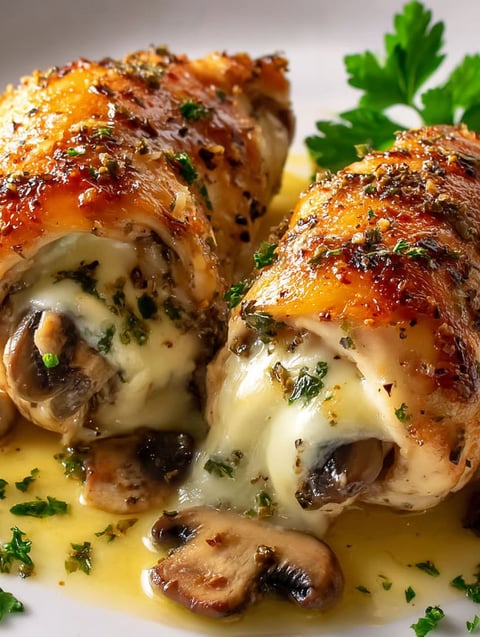 A piece of meat with mushrooms and cheese on it.