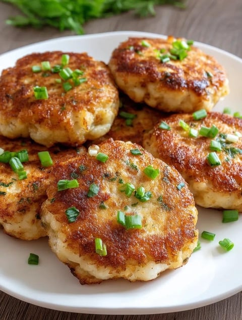 A plate of fried food with green toppings.